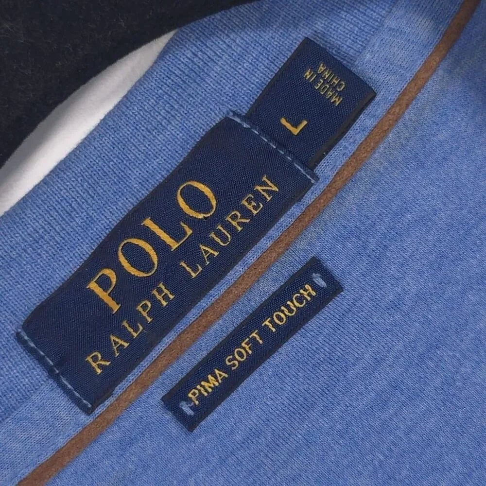 POLO RALPH LAUREN Pima Soft Touch Long Sleeve Blue Polo Shirt LARGE Suede Detail